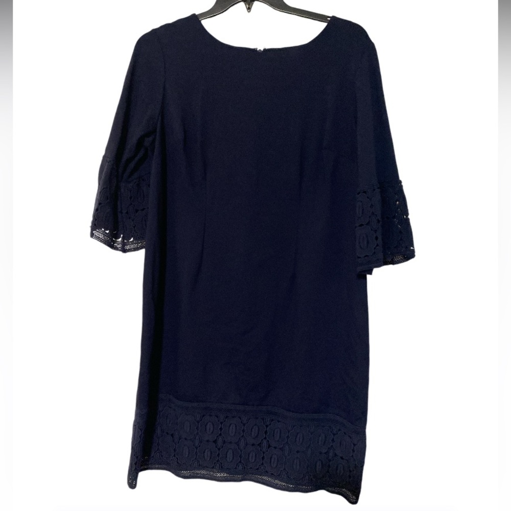 Talbots Embroidered Navy Blue 3/4 Flare Sleeve Formal Office Work Dress - 14WP